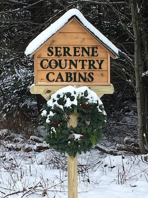 A wooden cabin sign with the text 'SERENE COUNTRY CABINS' and a wreath.