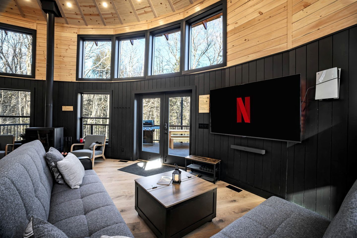 TV, fireplace, video games, stereo