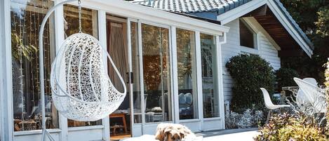 A house with a glass-enclosed porch, a hanging chair, and a dog resting on a cushion.