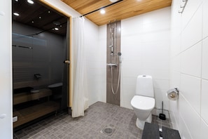 A modern bathroom with a shower, toilet, and a vanity with a mirror.