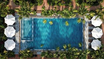 A rectangular pool with a tiled border, surrounded by palm trees and white umbrellas.