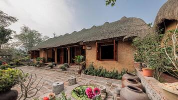 A traditional house with a thatched roof, a paved courtyard, and potted plants.