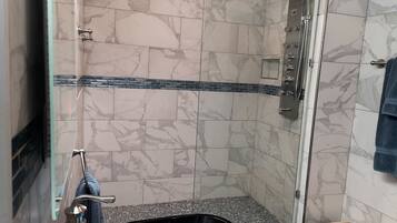 Hair dryer, towels, soap, shampoo