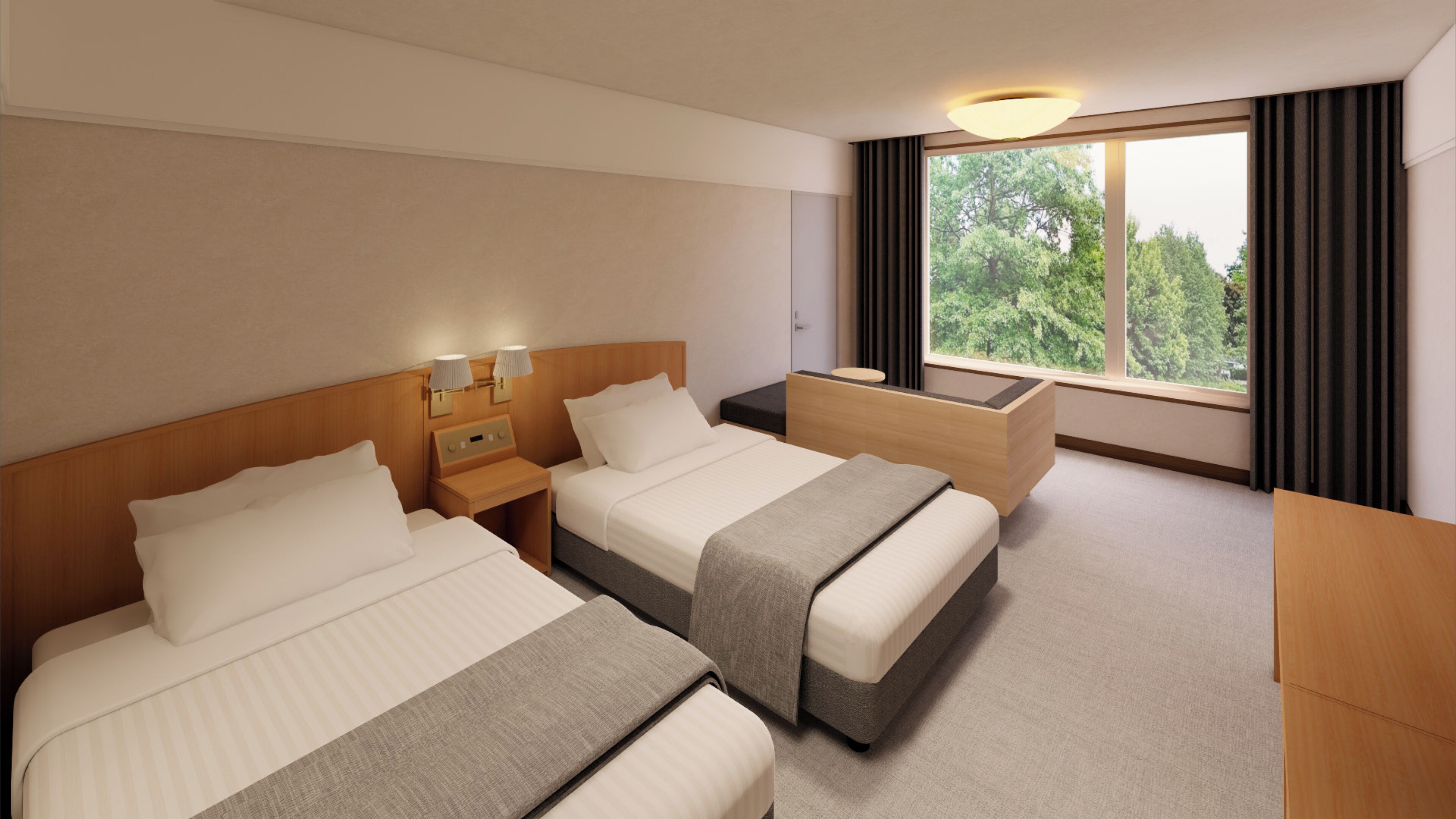 A hotel room with two beds, a bedside table, a desk, and a window with a view of trees.