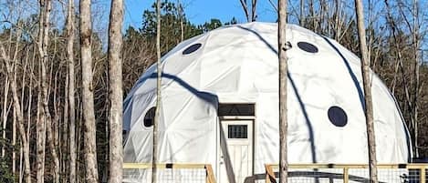 A dome-shaped structure with a door and windows, surrounded by trees.