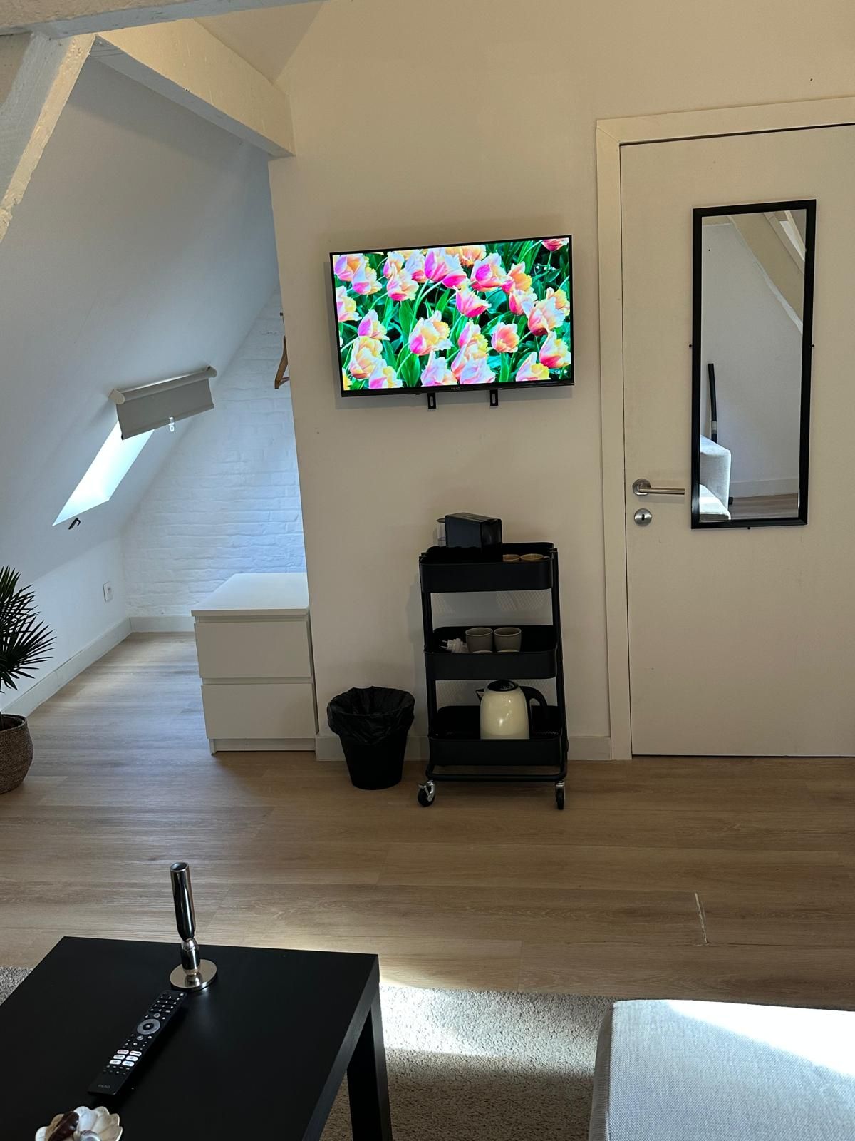 Un soggiorno con una televisione montata a parete, una porta con uno specchio, un carrello portaoggetti nero e un piccolo cestino.