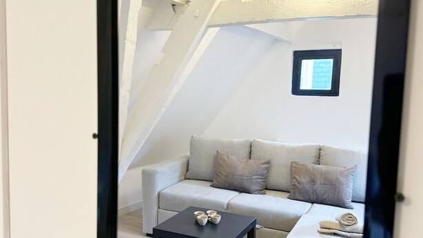 A loft-style room with a sofa, a small table, and a window. - Sleek Studio in the Heart of the City (Ghent)