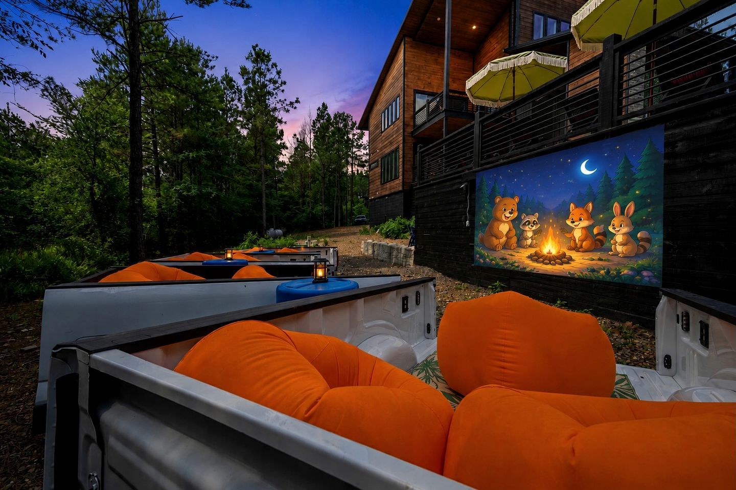 An outdoor seating area with orange cushions, a projector screen displaying animated characters, and a wooden building in the background.