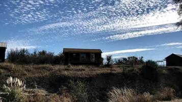 A remote cabin with a dirt path leading to it, surrounded by dry grass and shrubs.