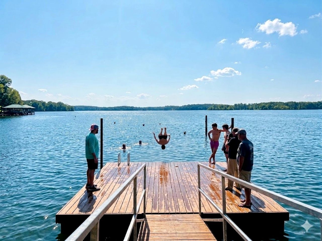 Une jetée en bois s’avançant dans un lac, où des personnes se baignent et se tiennent debout.