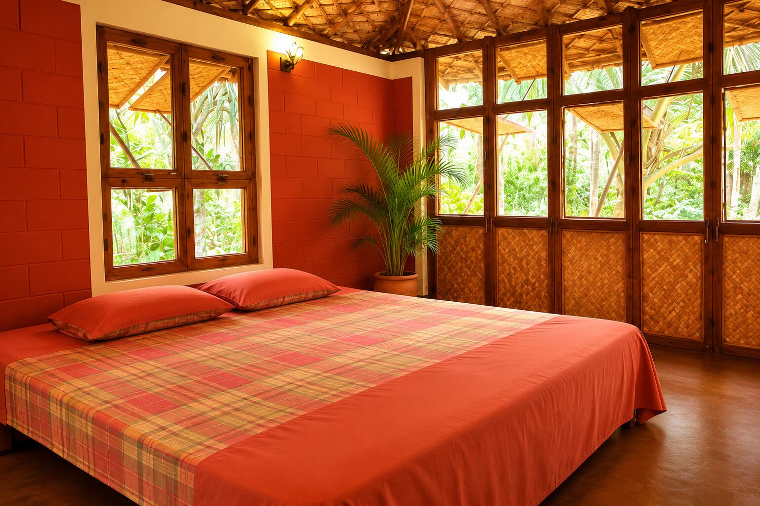 A room with a bed, large windows, and a potted plant.