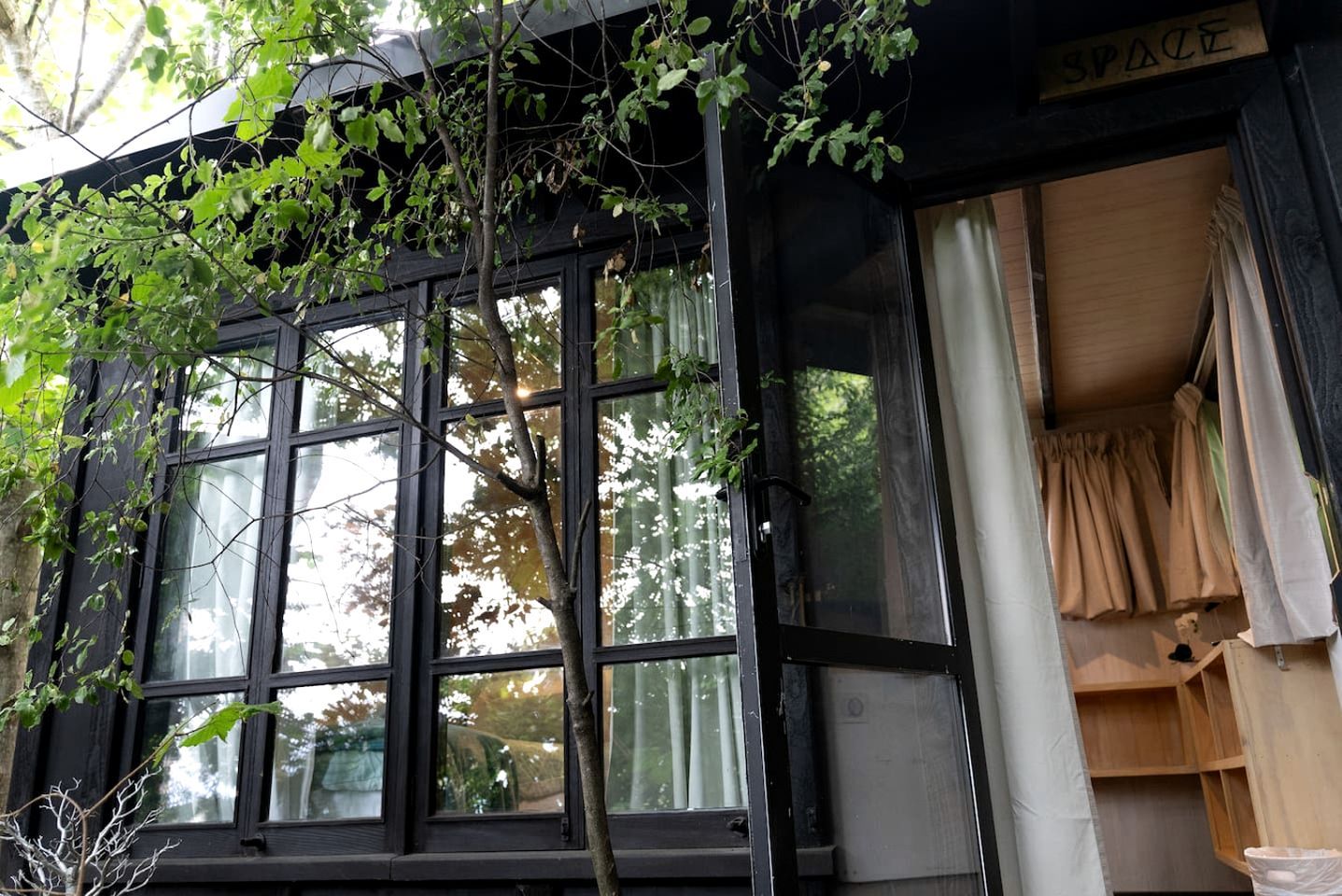 A building with large windows, a tree in front, and a sign that reads 'SPACE'.