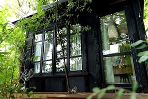 A black building with large windows, surrounded by greenery.