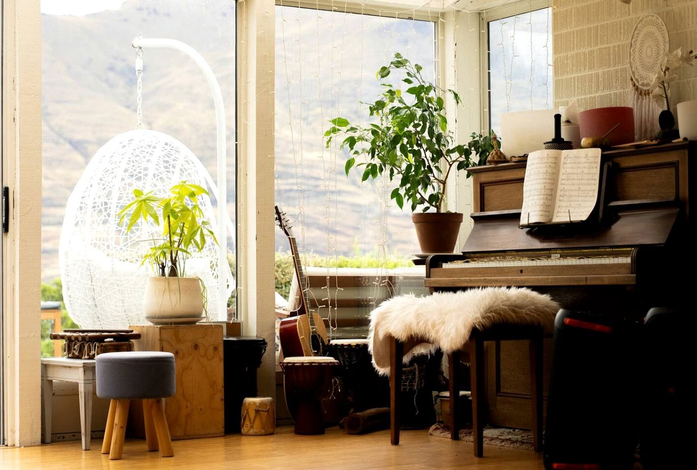 A cozy room with a piano, a drum, a guitar, and a large plant by a window.
