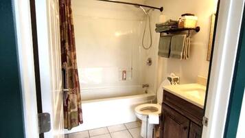 Hair dryer, towels, soap, shampoo