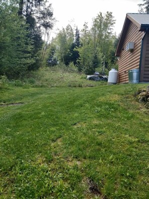 A grassy yard with a wooden cabin, trees, and two white tanks.