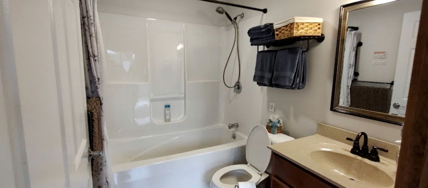 Hair dryer, towels, soap, shampoo
