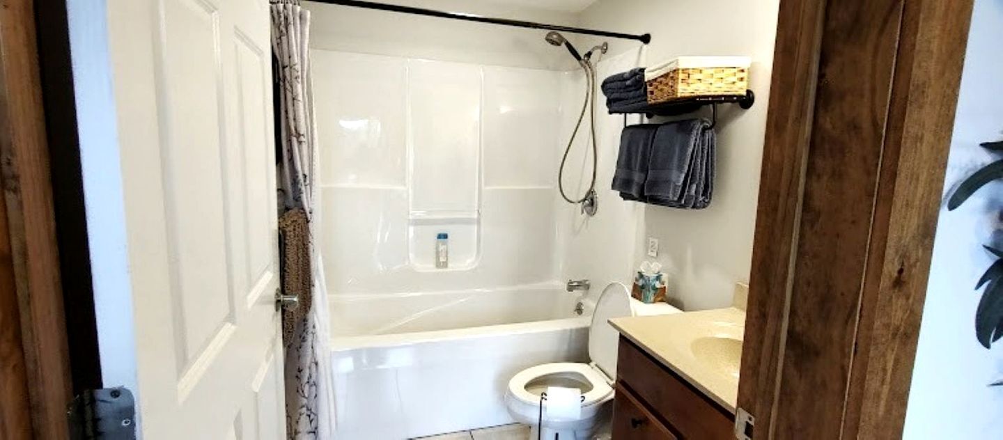 Hair dryer, towels, soap, shampoo