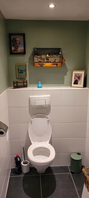 Shower, hair dryer, towels, toilet paper