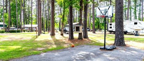 Ein Basketballplatz mit Korb, umgeben von Bäumen und Wohnmobilen.