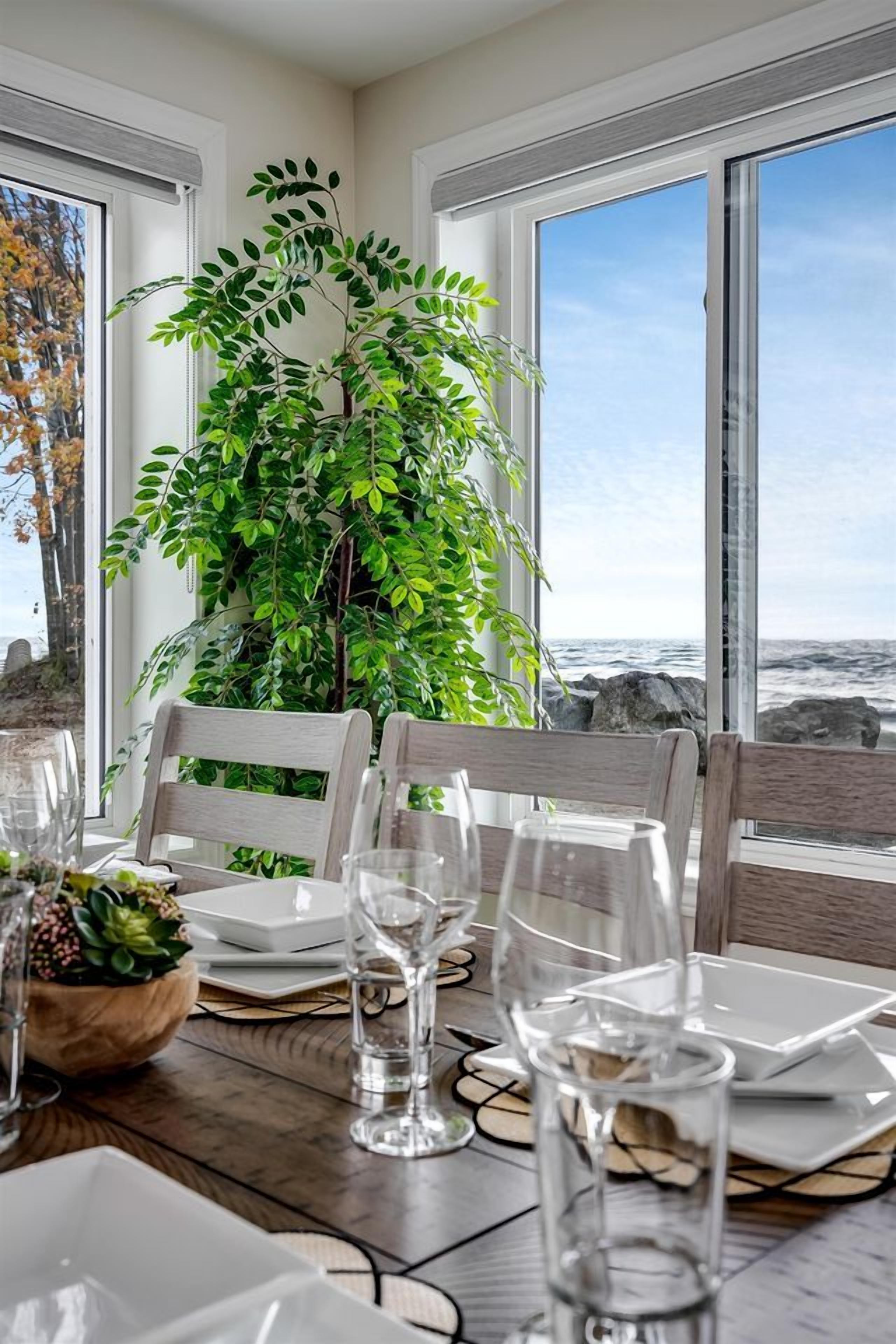 Une table à manger dressée avec des assiettes, des verres et une plante en pot, donnant sur une côte rocheuse.