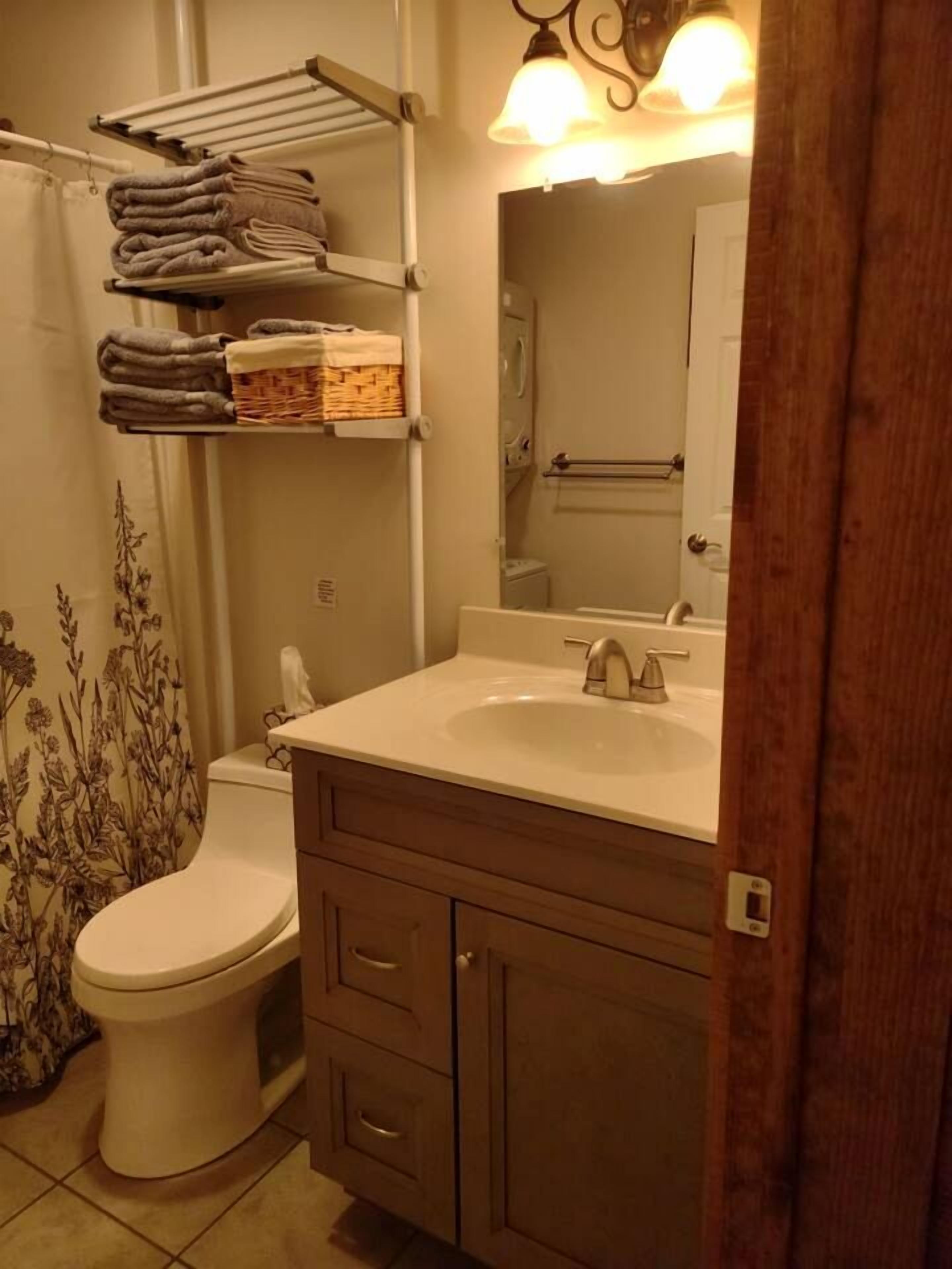 Hair dryer, towels, soap, shampoo