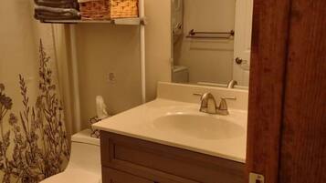 Hair dryer, towels, soap, shampoo