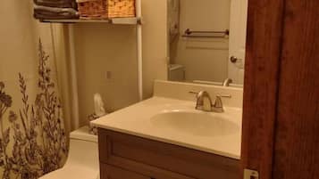 Hair dryer, towels, soap, shampoo