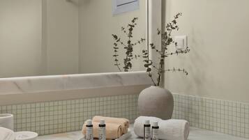 Chambre Double Classique, vue jardin | Salle de bain | Douche, serviettes fournies, shampoing