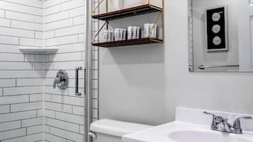 Hair dryer, towels, soap, shampoo