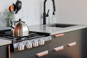Une cuisine moderne avec une bouilloire en acier inoxydable sur la cuisinière, un robinet et un flacon de savon pour les mains.