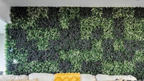 Ein Wohnzimmer mit einer Couch, dekorativen Kissen, einem Holztisch, einer Fernbedienung und einer Wandleuchte.