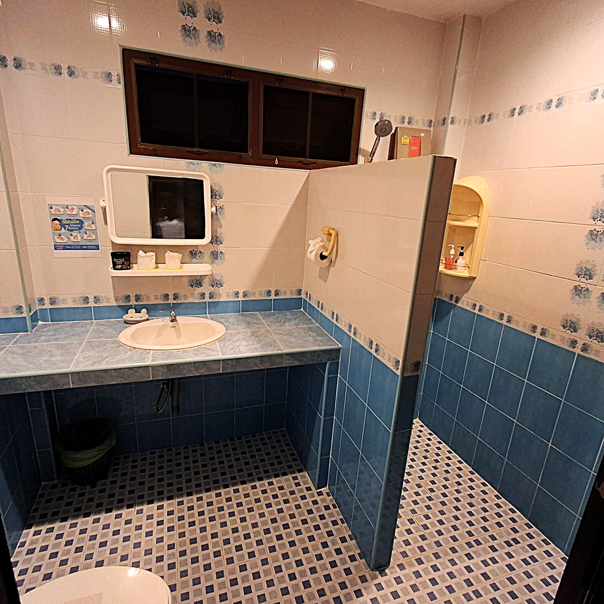 Shower, free toiletries, hair dryer, towels