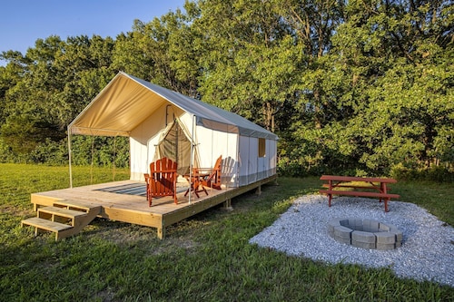 Gorgeous Secluded Tented Cabin Fire Pit Provided in Cassville, Missouri