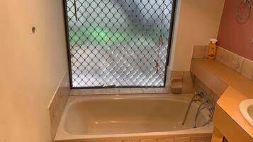 Hair dryer, towels, soap, toilet paper