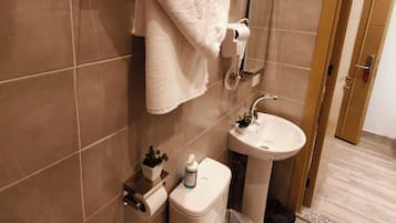 Separate tub and shower, designer toiletries, hair dryer, bidet