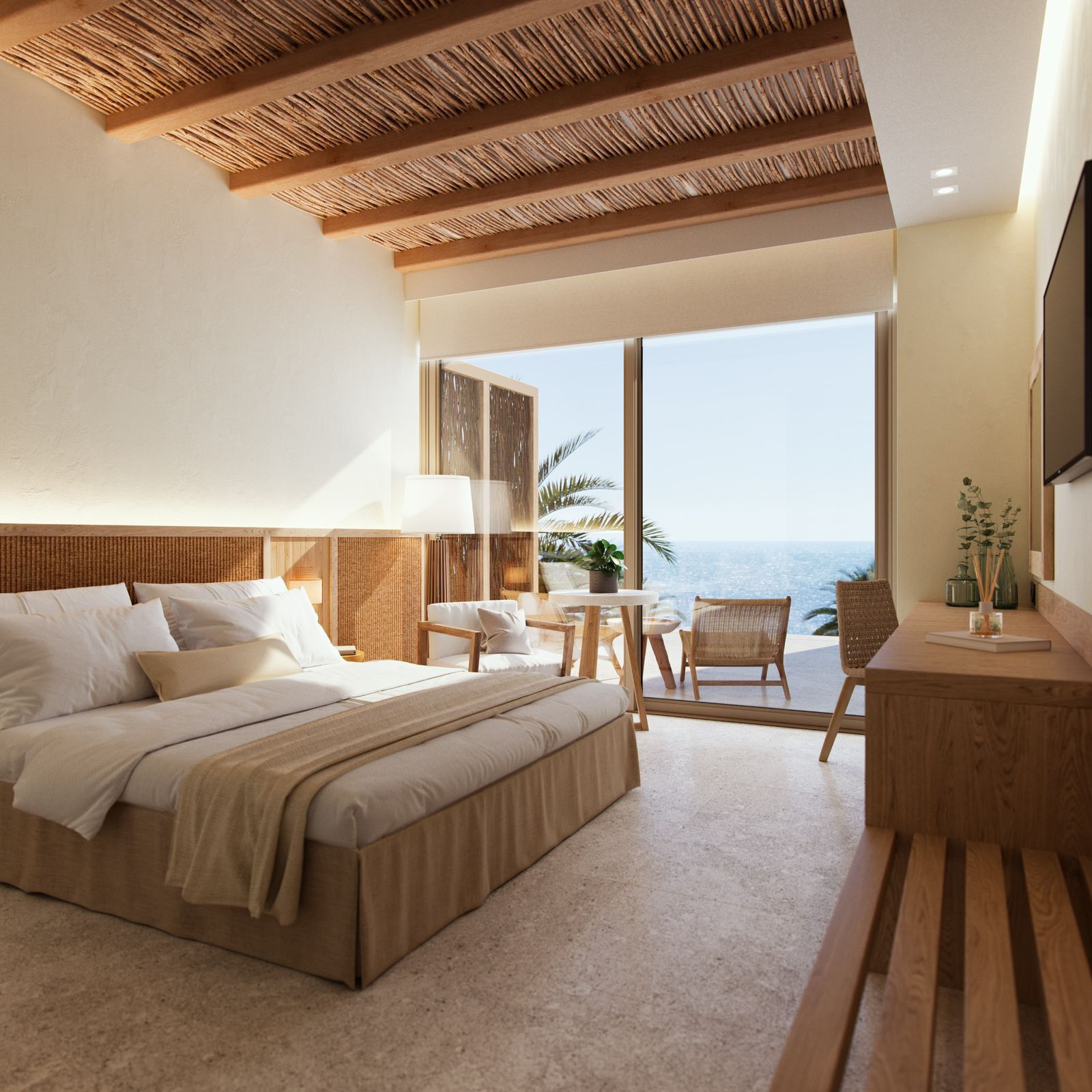 Deluxe kamer, 1 twee- of 2 eenpersoonsbedden, 1 kingsize bed, balkon, uitzicht op zee | Een kluis op de kamer, een bureau, een laptopwerkplek