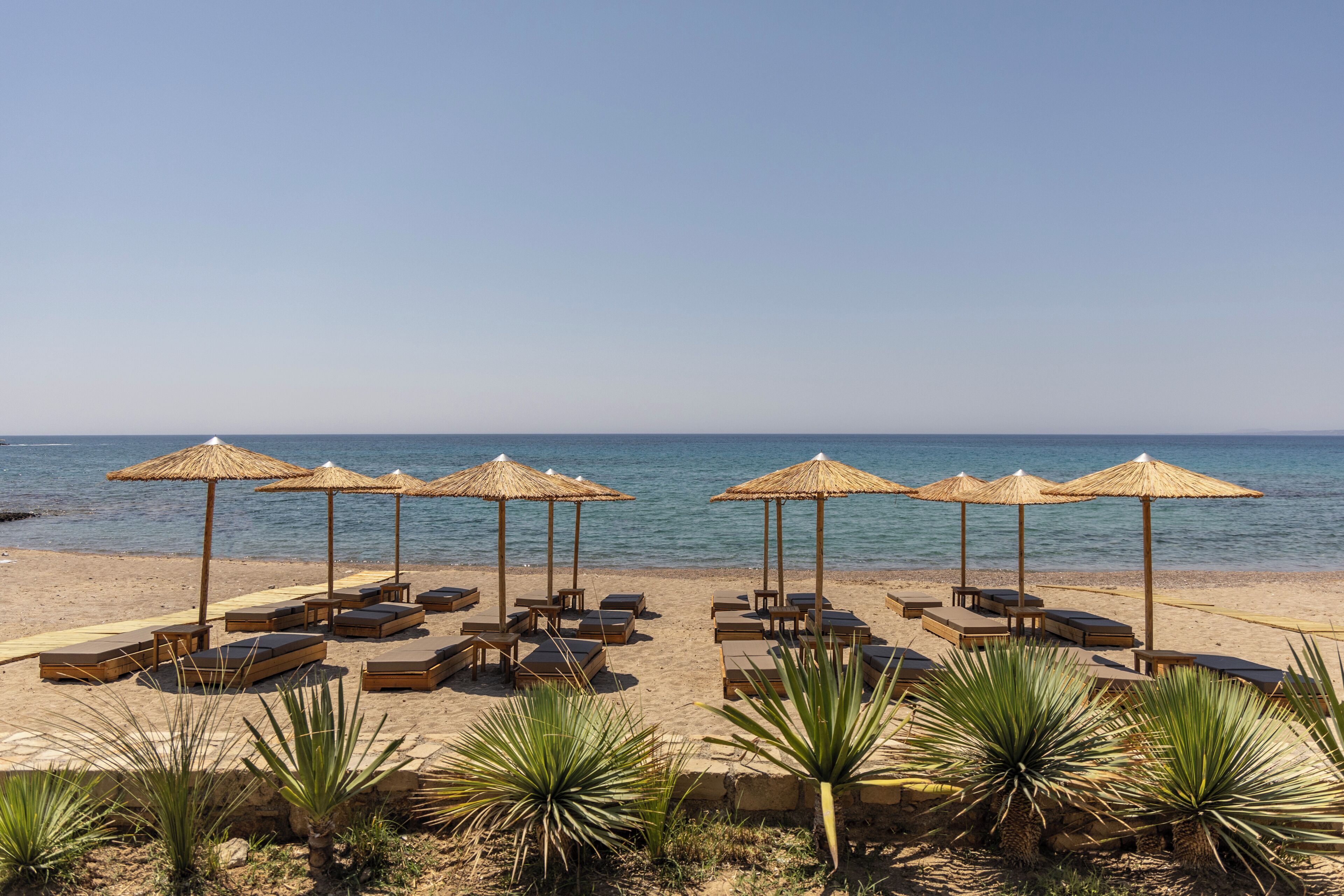 A beach with sun loungers and thatched umbrellas.