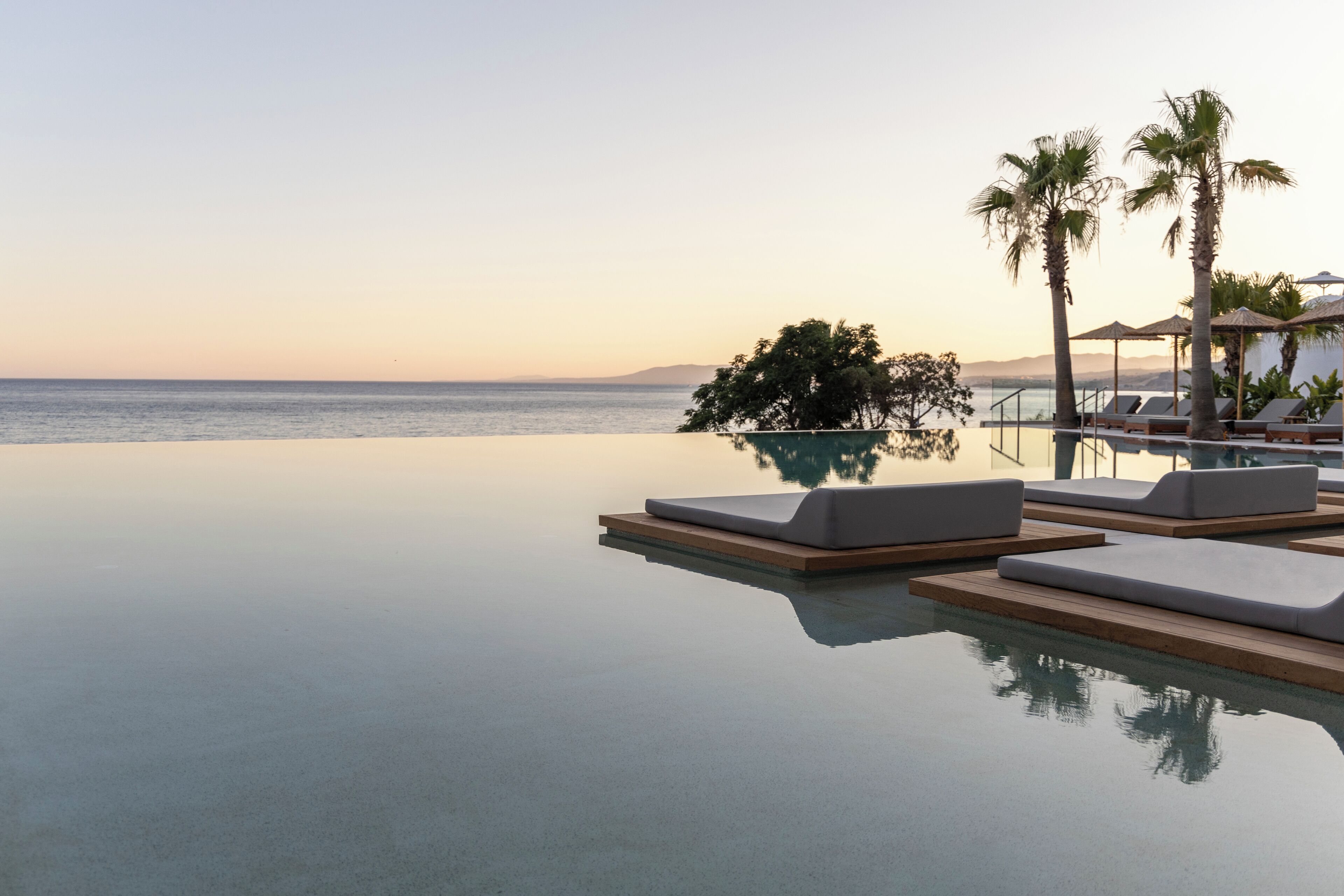 A serene infinity pool with lounge chairs and palm trees, overlooking a calm sea.