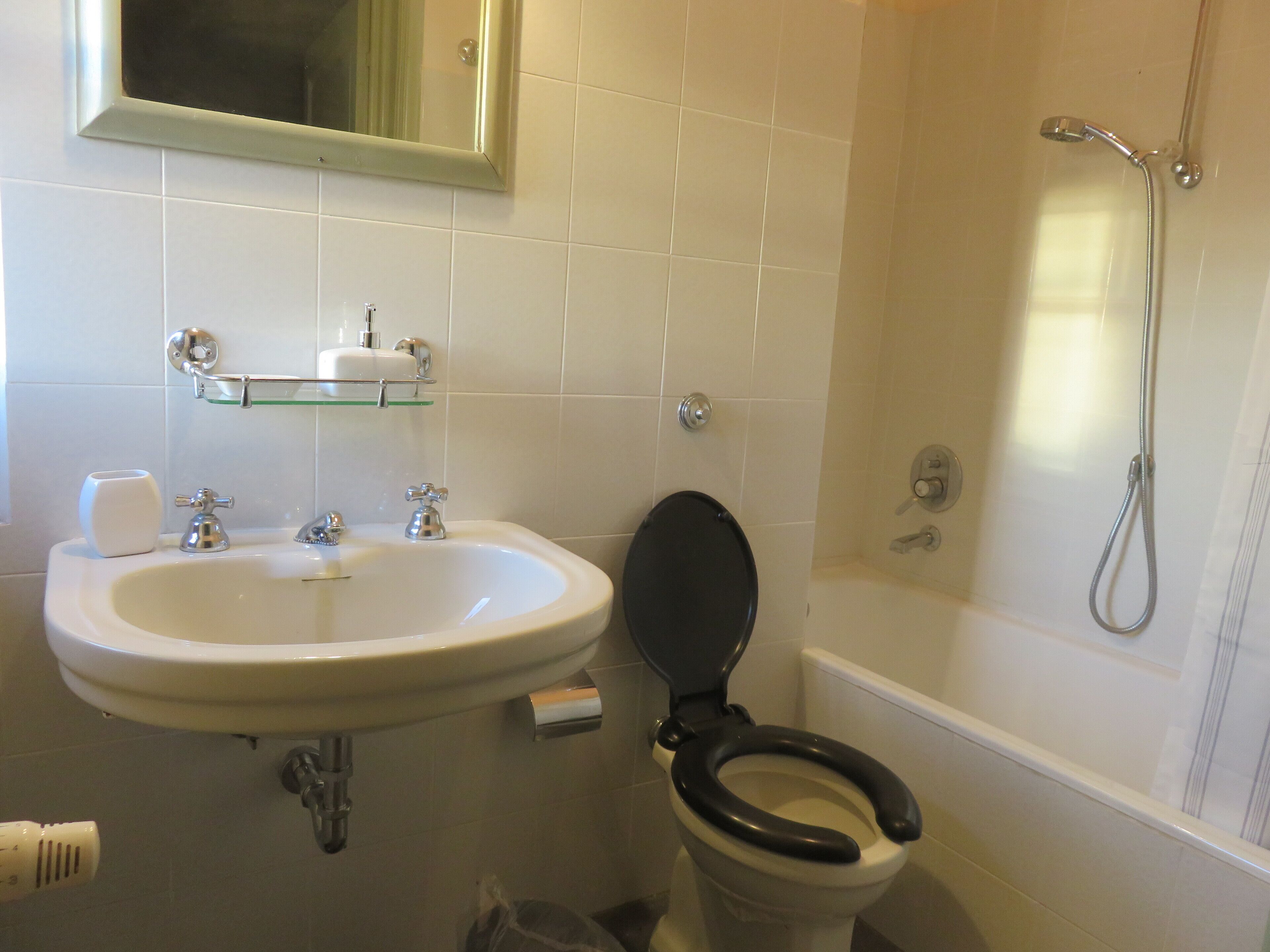 Ein Badezimmer mit Waschbecken, Toilette und Dusche.