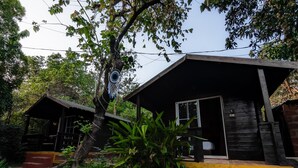 A rustic wooden cabin with a porch, surrounded by lush greenery. - Greenland cottage (Arambol)