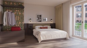 A hotel room with a bed, a wardrobe, a red suitcase, two wall-mounted lamps, and a window with a view of buildings. - Bob W Vienna Döbling (Vienna)