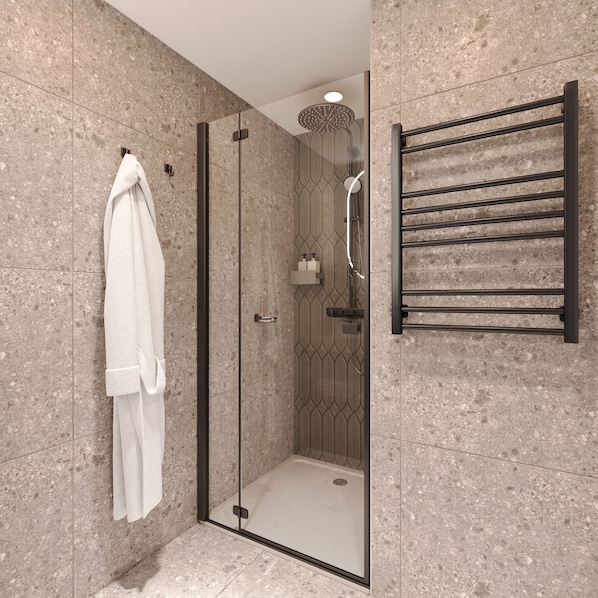 A modern bathroom with a glass-enclosed shower, a towel rack, and a built-in towel rack. - Bob W Vienna Döbling (Vienna)