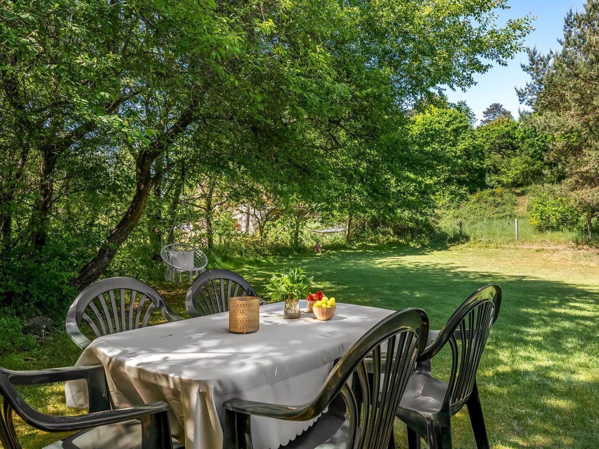 An outdoor dining area with a table and chairs, surrounded by trees.