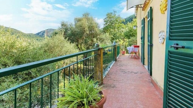 A balcony with a green railing, potted plants, and a table with a chair. - Hostdomus - Oltrefinale (Liguria)