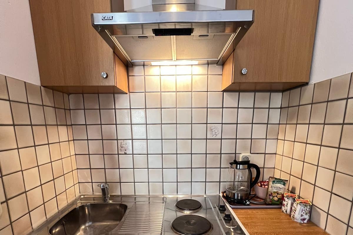 Une cuisine de taille réduite, dotée d’une cuisinière en acier inoxydable, de deux éviers et d’armoires en bois.