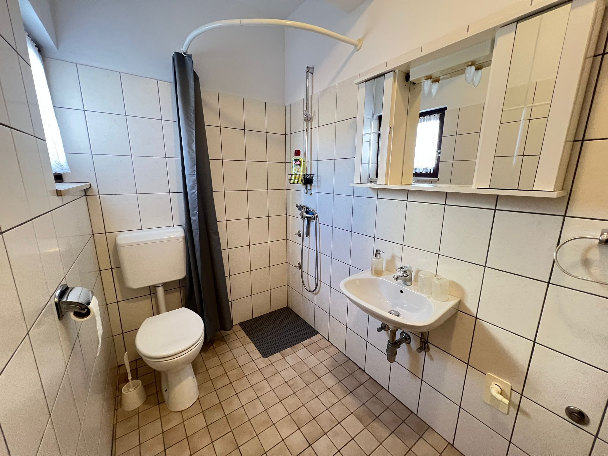 Un baño pequeño con inodoro, ducha y lavamanos.