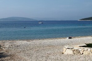 Ein Kiesstrand mit einer Steinmauer und einem Boot im Wasser.