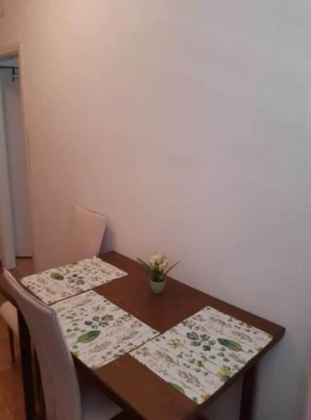 A dining table with floral placemats, a small potted plant, and a chair.