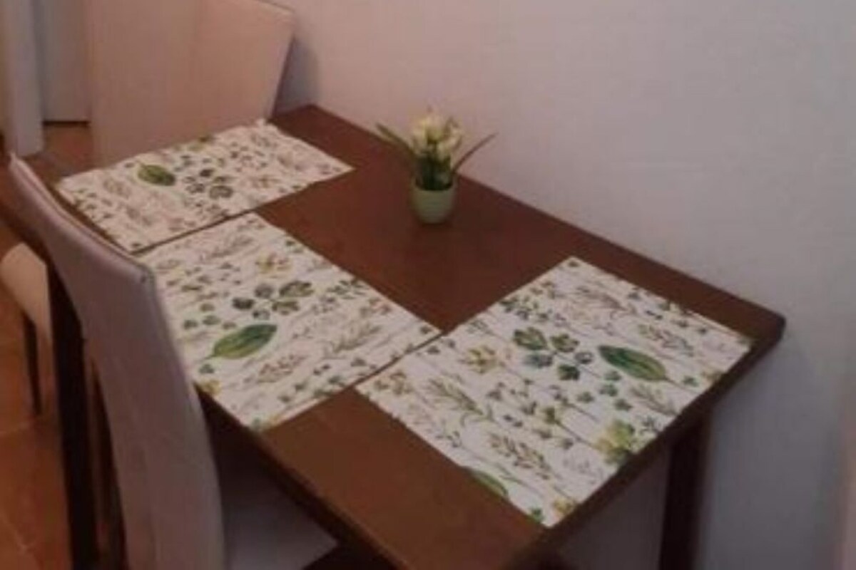 A dining table with floral placemats, a small potted plant, and a chair.